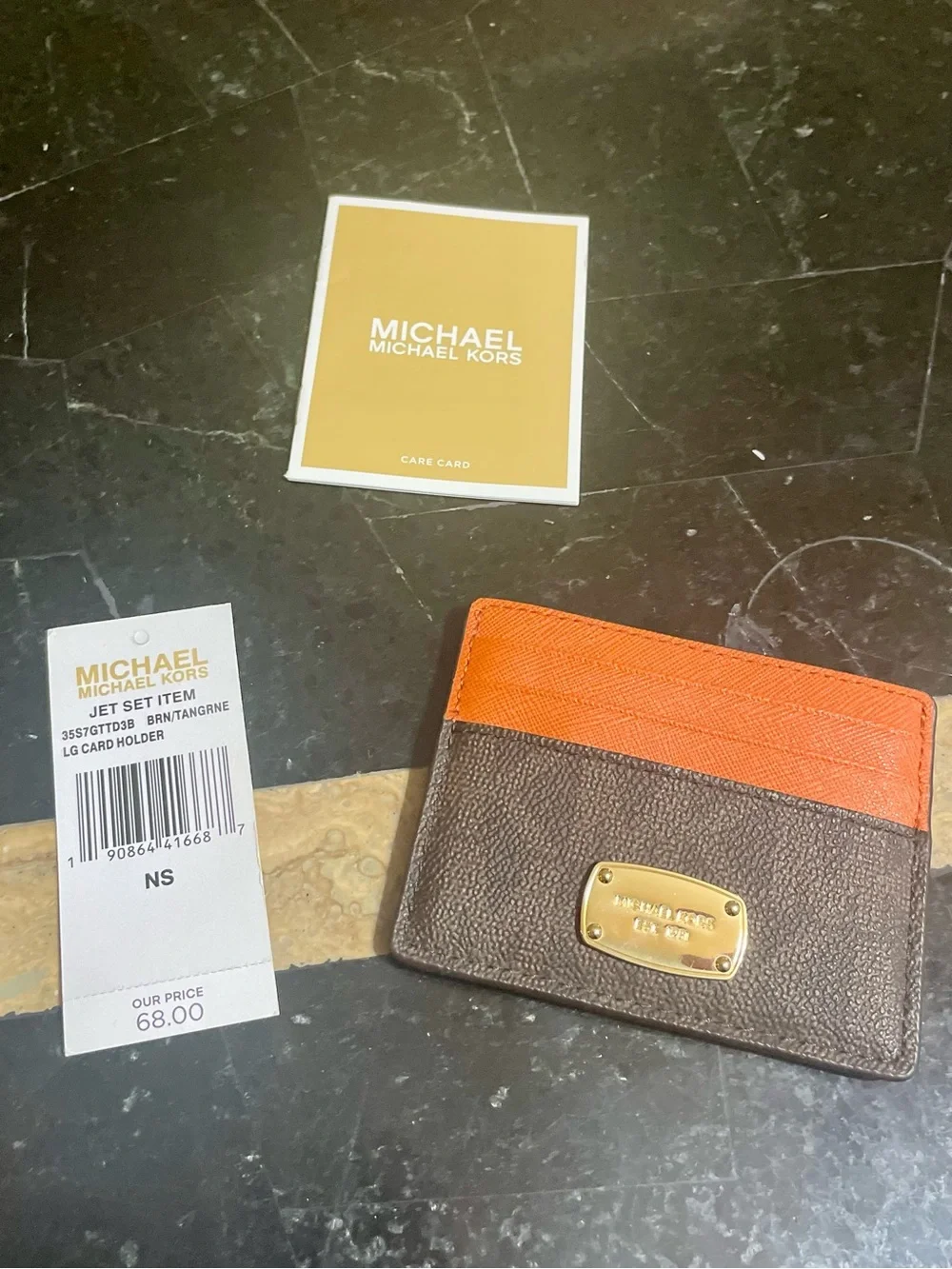 Michael Kors Orange and Brown Leather Card Holder with Gold Plate
